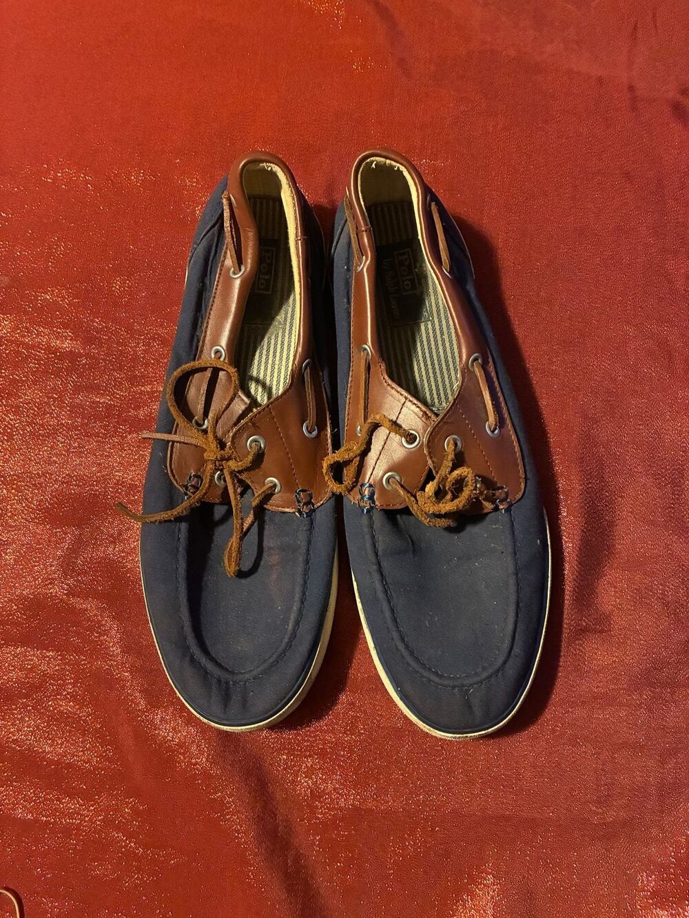 Polo Ralph Lauren Shoes Mens 14D Canvas Leather Trim Boat Shoes Navy Brown